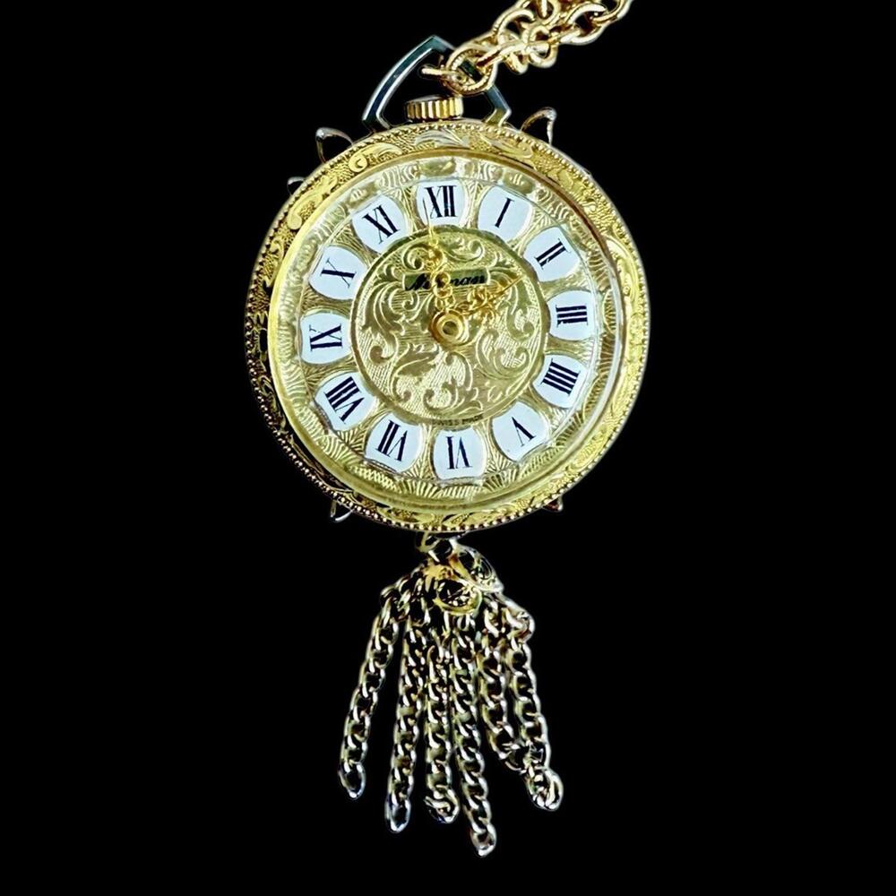 Vintage Norman Swiss Hand Wound Watch Necklace with Reverse Portrait Pendant